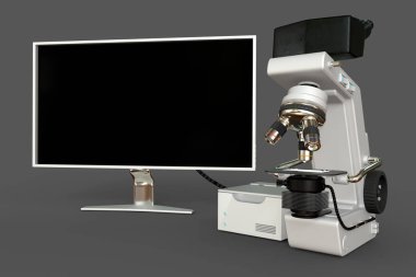 Beyaz laboratuvar mikroskobu, sistem bloğu ve boş ekran izole edilmiş, kurgusal tasarım, biyoteknoloji araştırma konsepti olan nesnenin fotorealistik 3d çizimi
