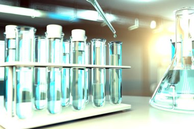 Virüsler için içme suyu kalitesi testi (covid-2019 gibi) konsepti - modern bilim araştırma tesisinde laboratuvar test tüpleri, tıbbi 3D illüstrasyon