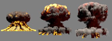 Gri arka planda izole edilmiş duman ve alevlerle atom bombasının 3 büyük aşamalı ateş mantarı bulutu patlaması - patlamanın 3 boyutlu çizimi