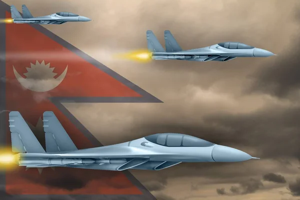 尼泊尔空袭概念 现代战斗机攻击尼泊尔国旗背景 3D说明 — 图库照片