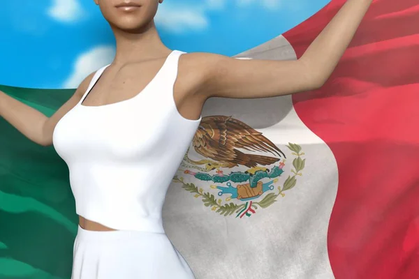 young lady is holding Mexico flag in her hands behind her on the cloudy sky background - flag concept 3d illustration