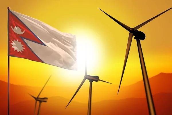 Энергия Ветра Непала Концепция Альтернативной Энергетики Турбинами Флагом Закате Альтернативная — стоковое фото
