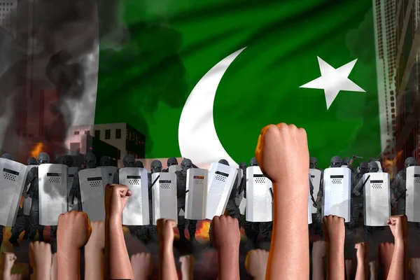 disorder fighting concept - protest in Pakistan on flag background, police guards stand against the angry crowd -  military 3D Illustration