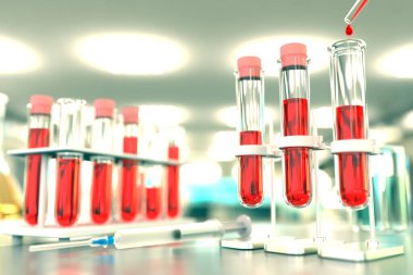 Mikrobiyoloji üniversite tesisinde laboratuvar test tüpleri - virüs için kan örneği DNA testi (örn. covid-2019), yumuşak odaklı tıbbi 3D illüstrasyon