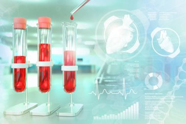 İlaç kliniğinde test tüpleri - beyaz kan hücreleri veya potasyum için kan analizi, yaratıcı kaplamalı tıbbi 3D illüstrasyon
