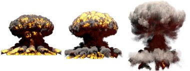 3 büyük aşama, beyaz üzerine izole edilmiş duman ve alevlerle nükleer bombanın mantar bulutu patlaması ateşler.