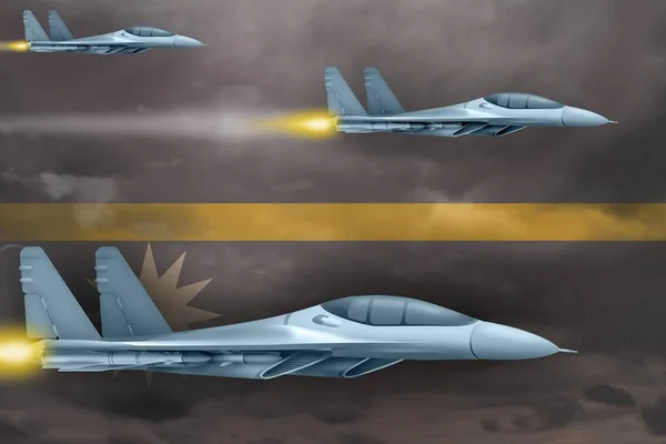 Έννοια Αεροπορικής Επίθεσης Ναούρου Σύγχρονα Πολεμικά Αεροπλάνα Επιτίθενται Στο Φόντο — Φωτογραφία Αρχείου