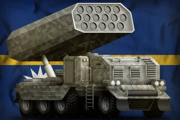 火箭炮弹 导弹发射器灰色伪装在瑙鲁国旗的背景 3D说明 — 图库照片
