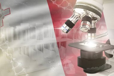 Malta bilim gelişimi dijital arka plan - bayrakta mikroskop. Kimya tasarımı konsepti araştırması, nesnenin 3 boyutlu illüstrasyonu