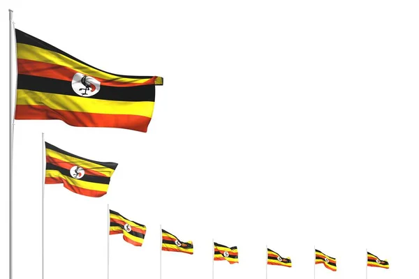 Bastantes Banderas Uganda Colocadas Diagonales Aisladas Blanco Con Lugar Para — Foto de Stock