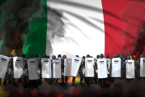 意大利抗议停止的概念 警察特种部队在浓烟和消防国家防止混乱 军队三维旗帜背景说明 — 图库照片
