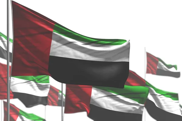 Beautiful Many United Arab Emirates Flags Waving Isolated White Image — Stock Photo, Image