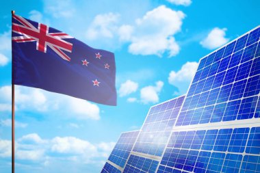 Yeni Zelanda alternatif enerji, bayrağı olan güneş enerjisi kavramı - küresel ısınmayla mücadelenin sembolü - endüstriyel illüstrasyon, 3D illüstrasyon