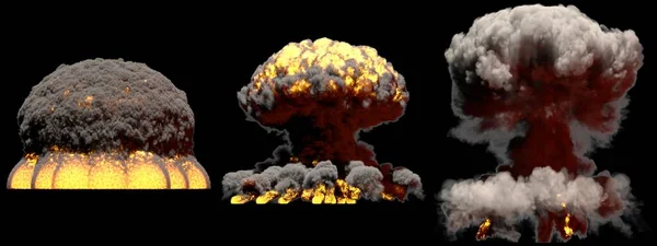 3 large different phases fire mushroom cloud explosion of nuclear bomb with smoke and flames isolated on black background - 3D illustration of explosion