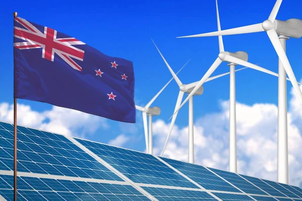 Zéland Nap Szélenergia Megújuló Energia Koncepció Szélmalmokkal Megújuló Energia Globális — Stock Fotó