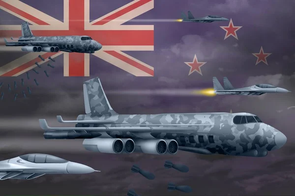 New Zealand bomb air strike concept. Modern New Zealand war airplanes bombing on flag background. 3d Illustration