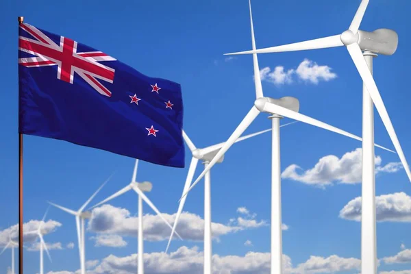 New Zealand alternative energy, wind energy industrial concept with windmills and flag - alternative renewable energy industrial illustration, 3D illustration