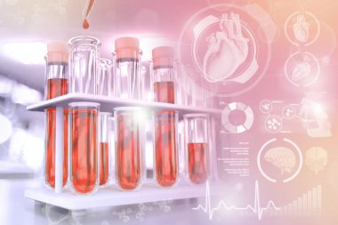 Mikrobiyoloji ofisinde test tüpleri - trombosit veya sodyum miktarı için kan testi, yaratıcı gradyan örtülü tıbbi 3D çizim