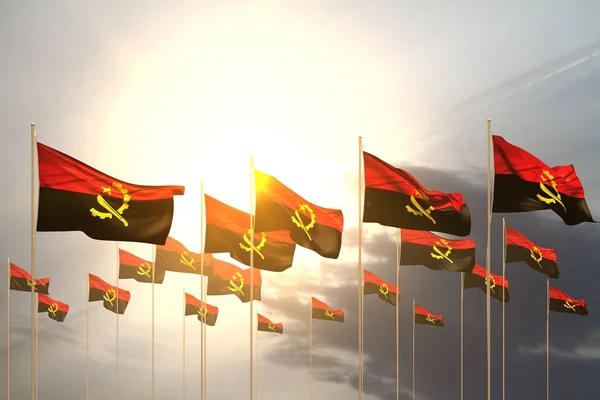 Bon Nombre Drapeaux Angola Dans Une Rangée Sur Coucher Soleil — Photo