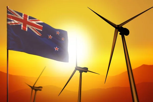 Zéland Szélenergia Alternatív Energiakörnyezet Koncepció Turbinákkal Zászló Naplementekor Alternatív Megújuló — Stock Fotó