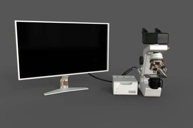 Beyaz laboratuvar mikroskobu, sistem bloğu ve boş monitör izole edilmiş, fotorealistik medikal 3 boyutlu illüstrasyon hayali tasarım, fizik keşfi konsepti