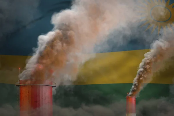 dense smoke of factory chimneys on Rwanda flag - global warming concept, background with space for your content - industrial 3D illustration