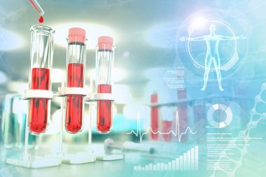 Tıbbi 3D illüstrasyon, araştırma ofisindeki deney tüpleri şişeleri - kan örneği DNA testi oruç tutan kan şekeri veya lupus için yaratıcı kaplama