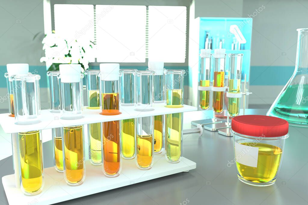 Urine sample test for leukocyte esterase or bacteria - lab test tubes in modern medical office, medical 3D illustration