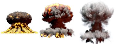 3 büyük aşama, beyaz üzerine izole edilmiş duman ve alevlerle hidrojen bombasının mantar bulutu patlamasını ateşliyor. Patlamanın 3 boyutlu görüntüsü.