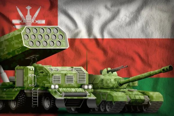 tank and rocket launcher with summer pixel camouflage on the Oman flag background. Oman heavy military armored vehicles concept. 3d Illustration