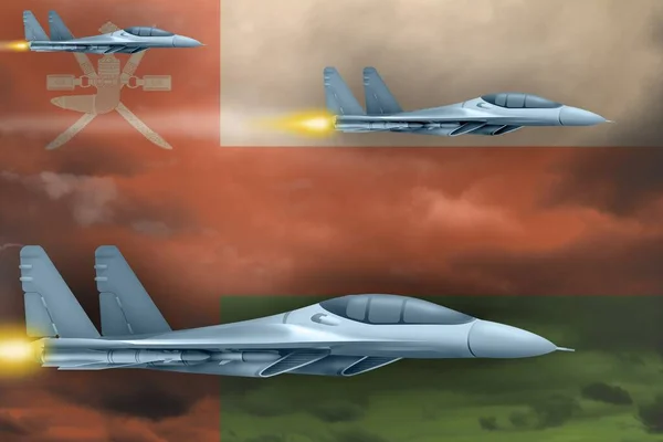 Koncepcja Ataku Omanu Nowoczesne Samoloty Wojenne Atakują Tle Flagi Omanu — Zdjęcie stockowe