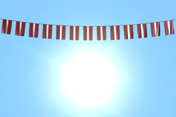 许多拉脱维亚国旗或横幅挂在蓝天背景的绳子上 任何宴会旗3D插图 — 图库照片
