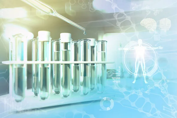 饮用水水质检测的病毒 如Covid 2019 实验室试管在现代化学学院办公室 医学三维插图 — 图库照片