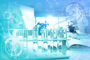 Farmasötik kolej dokusu veya geçmişi, kavramsal medikal üç boyutlu illüstrasyon - test tüpleri ve ofiste mikroskop