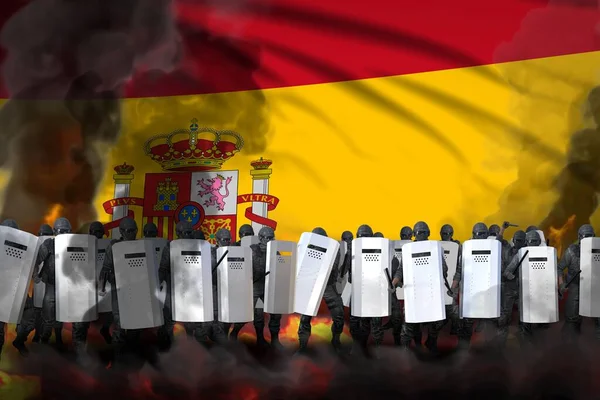 スペイン抗議停止の概念 激しい煙と火災の警察警備員暴動に対する秩序を守る 軍事3Dイラスト旗の背景 — ストック写真