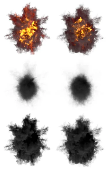 一组圆形的火箭拦截爆炸或高射炮炮弹击中或从顶部俯瞰白色三维物体图解孤立的爆炸 — 图库照片
