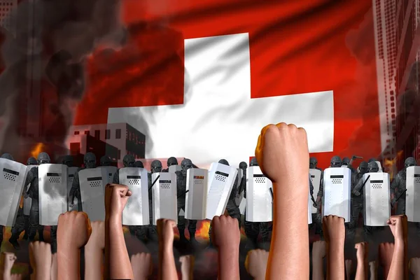 riot fighting concept - protest in Switzerland on flag background, police guards stand against the angry crowd -  military 3D Illustration