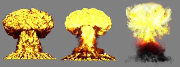 3个高度详细的融合炸弹的不同阶段蘑菇云雾爆炸 三维爆炸图解将烟雾与火隔离 — 图库照片