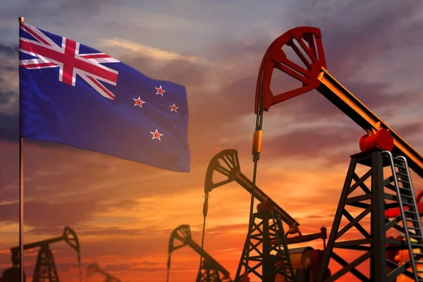 New Zealand oil industry concept, industrial illustration. New Zealand flag and oil wells and the red and blue sunset or sunrise sky background - 3D illustration