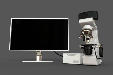 Beyaz elektronik mikroskop, Cpu bloğu ve boş ekran izole edilmiş, hayali tasarım ile gerçekçi medikal 3d illüstrasyon, sağlık keşfi kavramı