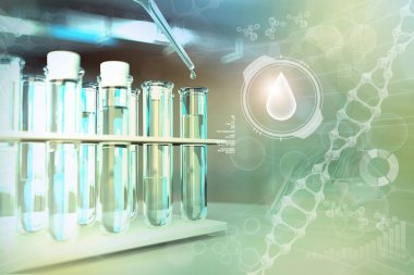 Modern bilim koleji ofisinde laboratuvar kanıtları - bakteri tasarımı geçmişi için içme suyu kalitesi testi, tıbbi 3D illüstrasyon