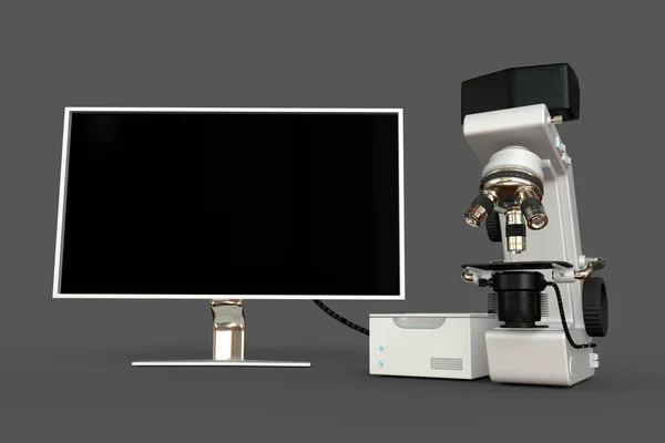 白色电子显微镜 立方体和空屏隔离 现实的医学3D图解与虚构的设计 医疗保健发现的概念 — 图库照片