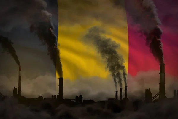 Global warming concept - heavy smoke from industrial chimneys on Chad flag background with place for your content - industrial 3D illustration