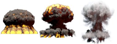 3 büyük aşama ateş mantar bulut patlama süper bomba duman ve alevler izole beyaz - 3D patlama çizimi