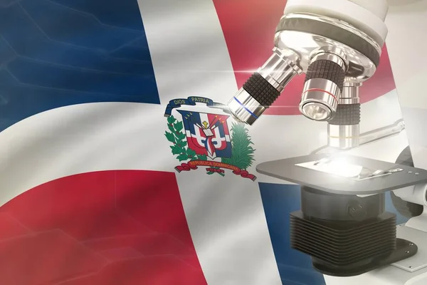 Microscopio Sobre Fondo Bandera República Dominicana Concepto Desarrollo Científico Investigación — Foto de Stock
