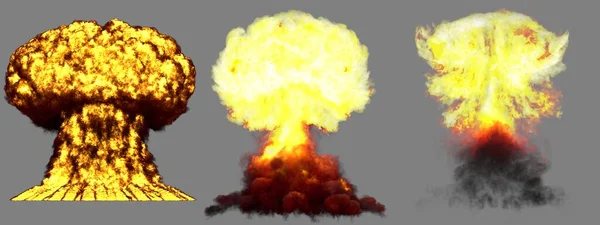 3个非常详细的大型不同阶段的原子弹蘑菇云雾爆炸 烟雾和火焰在灰色和三维的爆炸图解中隔离 — 图库照片