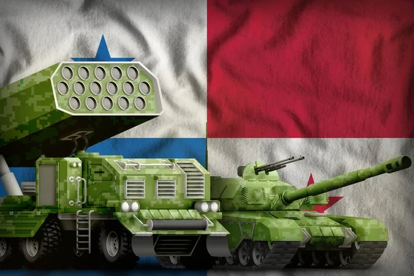 パナマの旗の背景にサマーピクセル迷彩のタンクとロケットランチャー パナマの重装甲車の概念 3Dイラスト — ストック写真