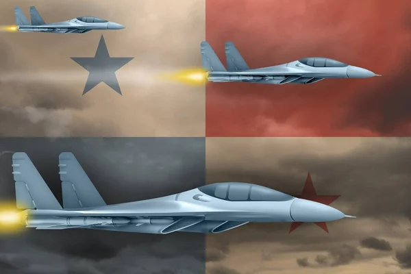 Panama Luchtaanval Concept Moderne Oorlogsvliegtuigen Vallen Aan Panama Vlag Achtergrond — Stockfoto