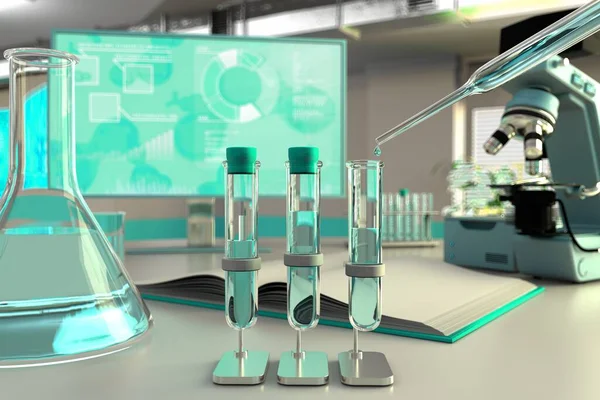 コロナウイルスの概念のようなウイルスのための飲料水の品質テスト 微生物学大学施設 医療用3Dイラストの実験室試験管 — ストック写真