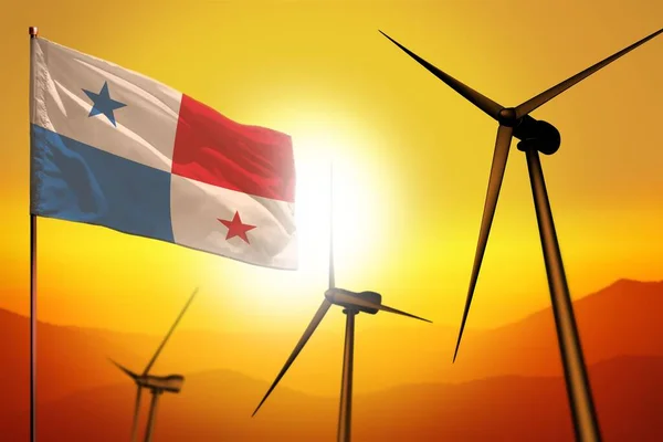 パナマの風力エネルギー タービンと日没の旗と代替エネルギー環境の概念 代替再生可能エネルギー 産業用イラスト 3Dイラスト — ストック写真